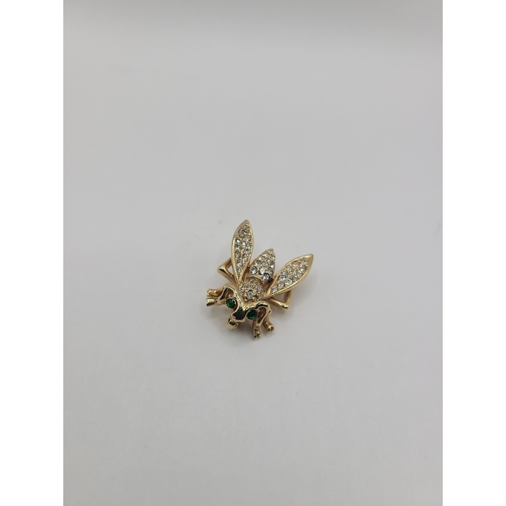 Vintage Rhinestone Fly Brooch Gold Tone Green Eyes Insect Figural Pin - Picture 2 of 11
